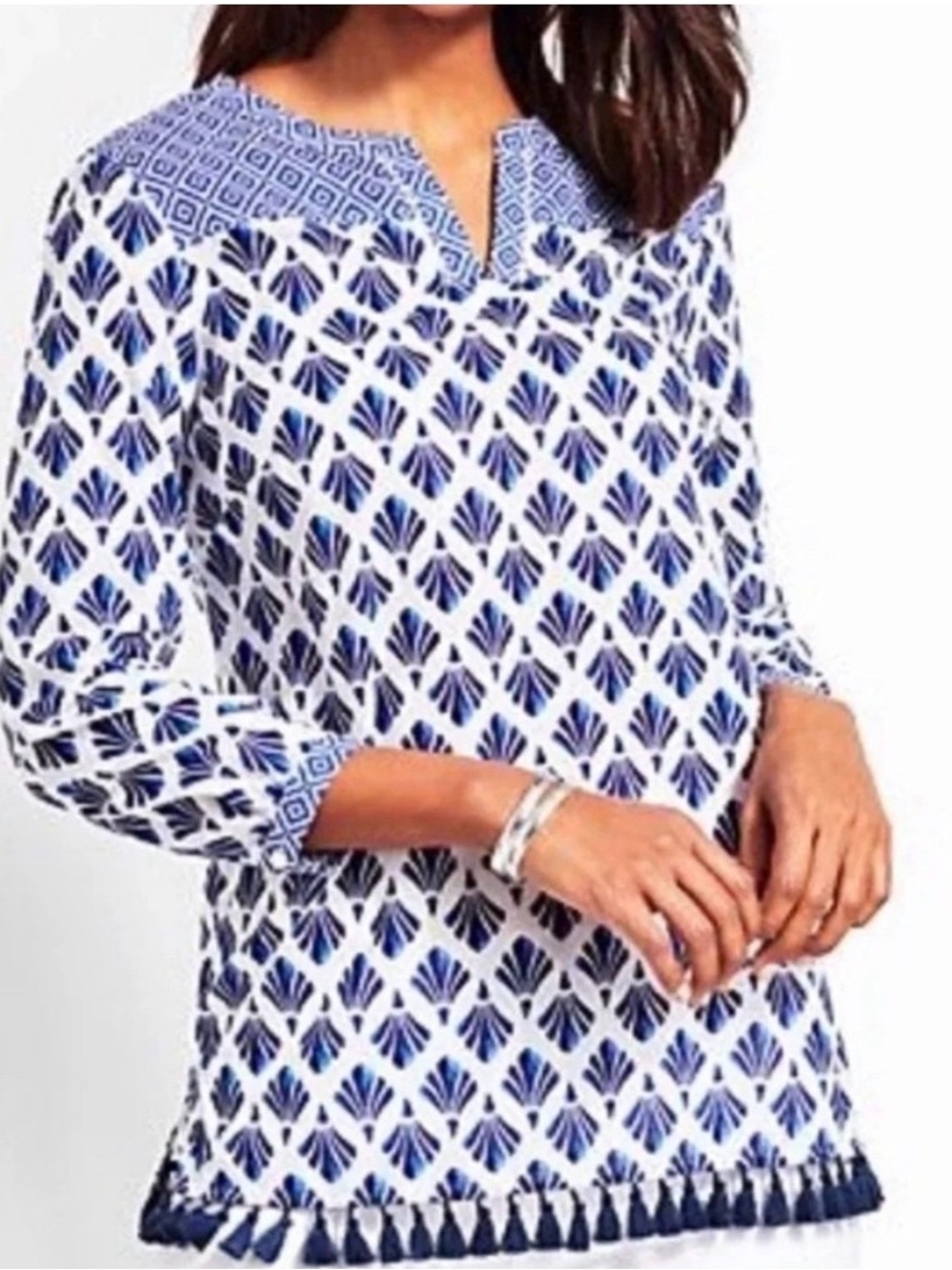 Talbots NWT Small Blue White Geometric Fan Tunic Tassel Hem Blouse